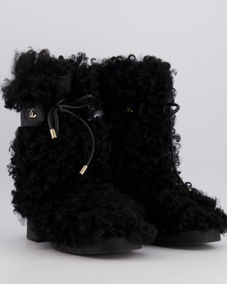 Chanel Black Curly Shearling Calf-High Lace Boots with Gold Hardware Logo Detail Size EU 39C