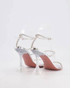Amina Muaddi Metallic Silver Gilda Heeled Sandals with Crystal Embellishment Size EU 37.5 RRP £910