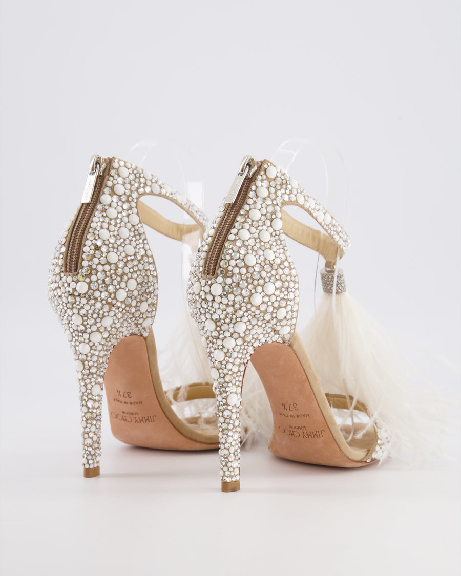Jimmy Choo Viola 110 White Feather and Crystal-Embellished Heeled Sandals Size EU 37.5 RRP £1,450