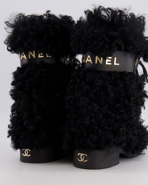 Chanel Black Curly Shearling Calf-High Lace Boots with Gold Hardware Logo Detail Size EU 39C