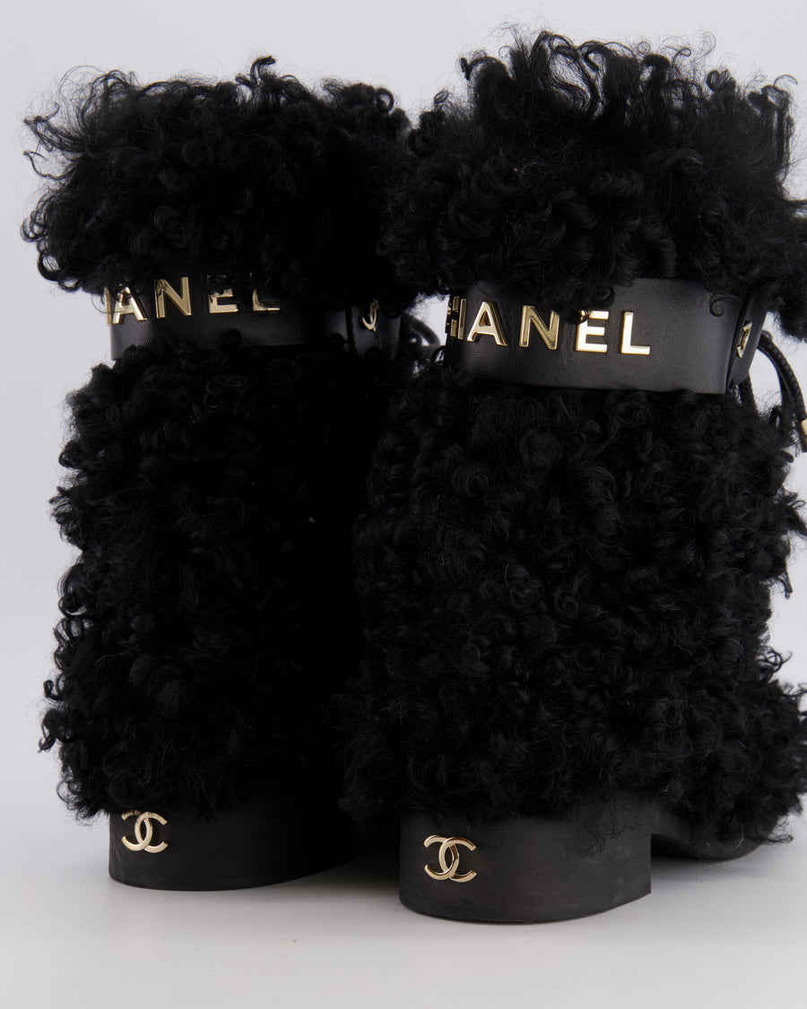 Chanel Black Curly Shearling Calf-High Lace Boots with Gold Hardware Logo Detail Size EU 39C