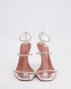 Amina Muaddi Metallic Silver Gilda Heeled Sandals with Crystal Embellishment Size EU 37.5 RRP £910