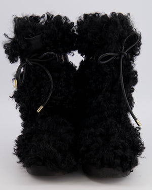 Chanel Black Curly Shearling Calf-High Lace Boots with Gold Hardware Logo Detail Size EU 39C