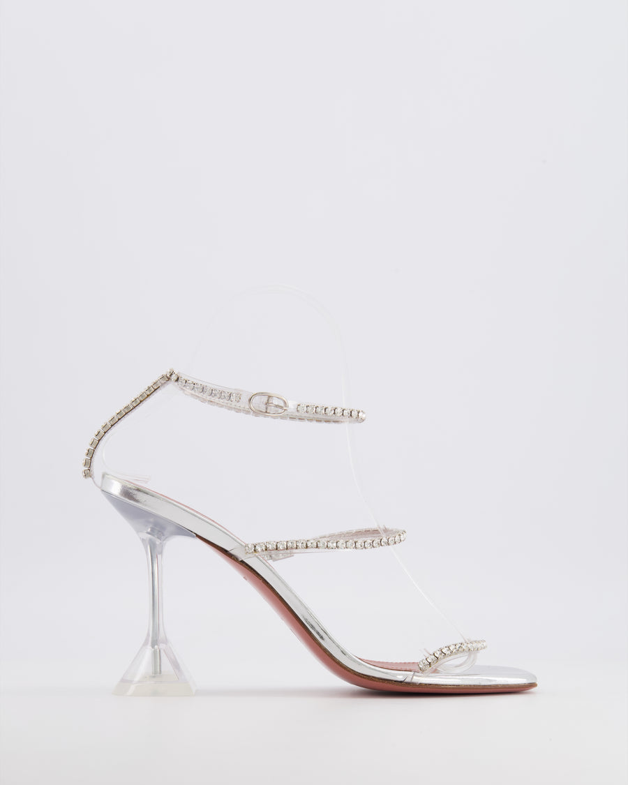Amina Muaddi Metallic Silver Gilda Heeled Sandals with Crystal Embellishment Size EU 37.5 RRP £910