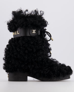 Chanel Black Curly Shearling Calf-High Lace Boots with Gold Hardware Logo Detail Size EU 39C