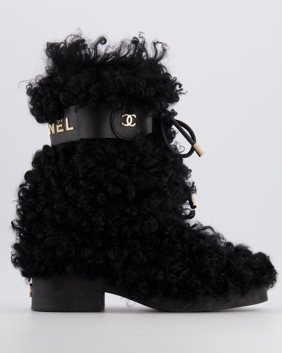 Chanel Black Curly Shearling Calf-High Lace Boots with Gold Hardware Logo Detail Size EU 39C