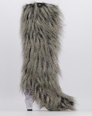 Chanel Fall 2010 Runway Grey Faux Fur Yeti Heeled Boots with Clear Icicle Heel Detail Size EU 38