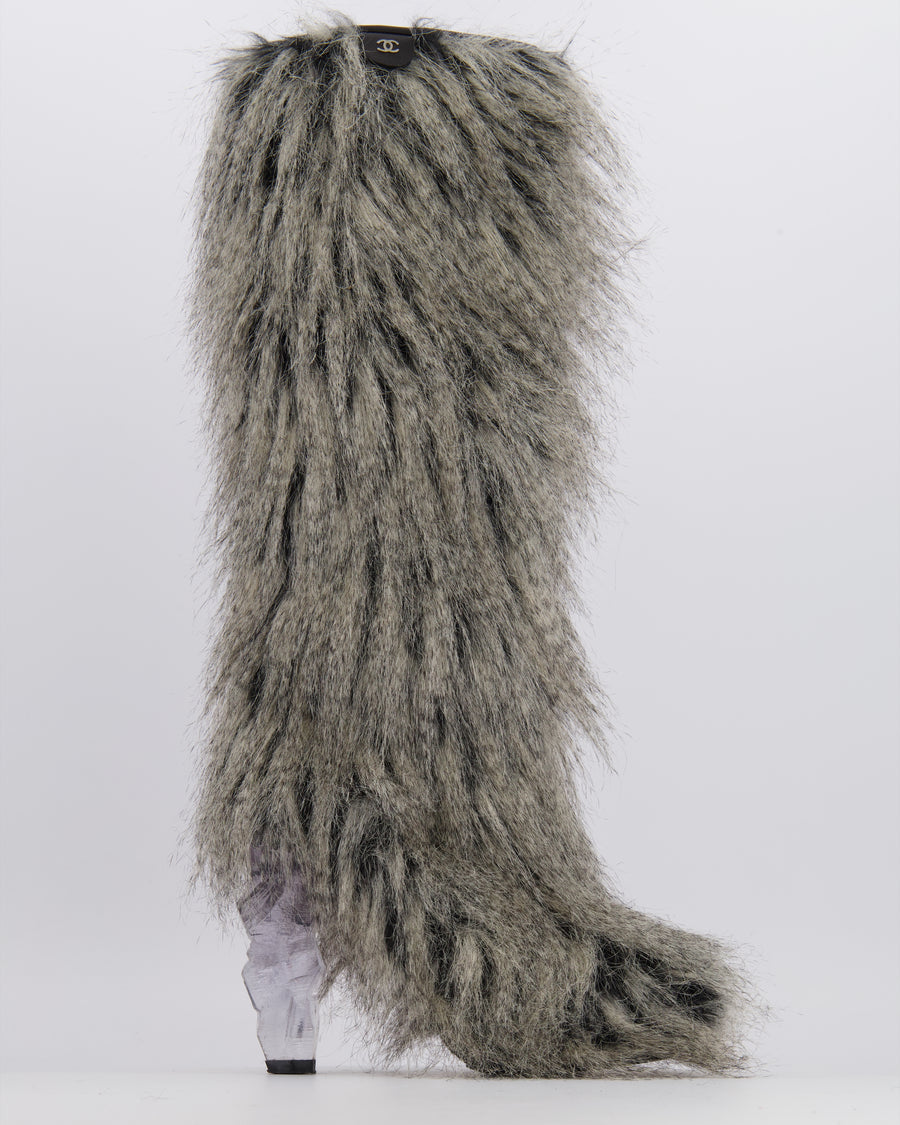 Chanel Fall 2010 Runway Grey Faux Fur Yeti Heeled Boots with Clear Icicle Heel Detail Size EU 38