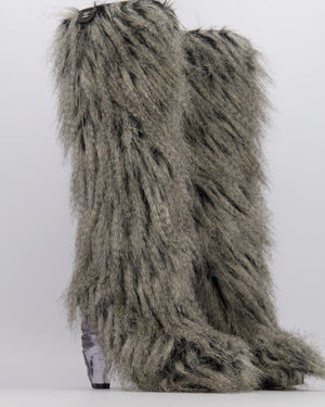 Chanel Fall 2010 Runway Grey Faux Fur Yeti Heeled Boots with Clear Icicle Heel Detail Size EU 38