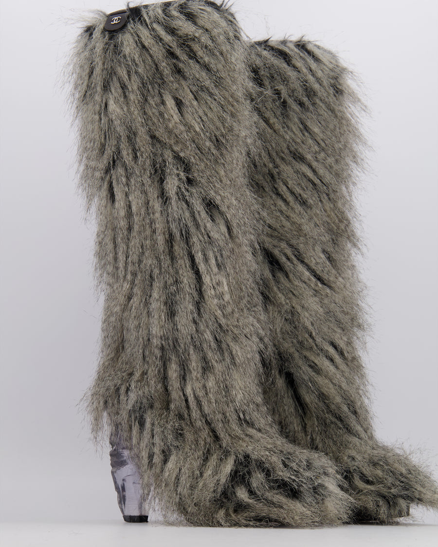 Chanel Fall 2010 Runway Grey Faux Fur Yeti Heeled Boots with Clear Icicle Heel Detail Size EU 38