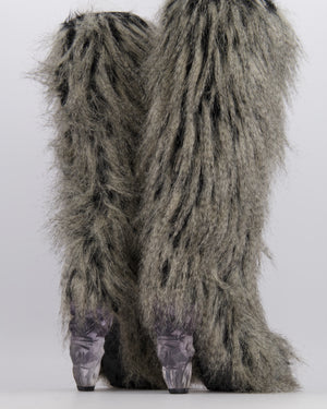 Chanel Fall 2010 Runway Grey Faux Fur Yeti Heeled Boots with Clear Icicle Heel Detail Size EU 38