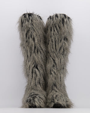 Chanel Fall 2010 Runway Grey Faux Fur Yeti Heeled Boots with Clear Icicle Heel Detail Size EU 38