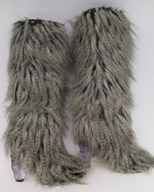 Chanel Fall 2010 Runway Grey Faux Fur Yeti Heeled Boots with Clear Icicle Heel Detail Size EU 38