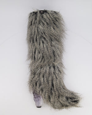 Chanel Fall 2010 Runway Grey Faux Fur Yeti Heeled Boots with Clear Icicle Heel Detail Size EU 38