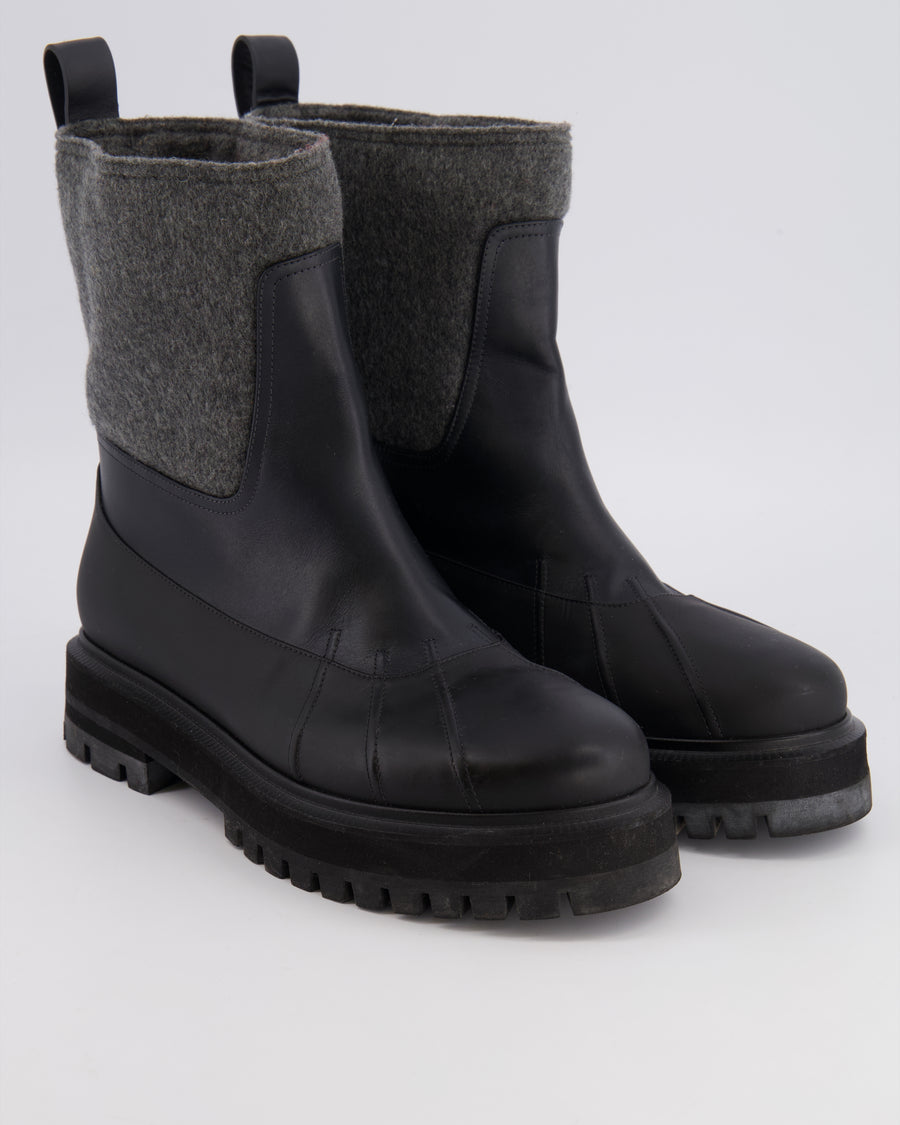 Loro Piana Black and Grey Regent Leather Cashmere Winter Ankle Boots EU 39