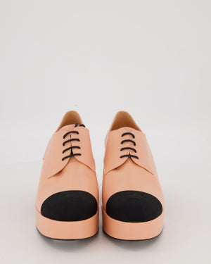 Chanel Pink Lace Up Platform Block Heel Brogues with Black Chanel CC Toe Cap Size EU 39.5