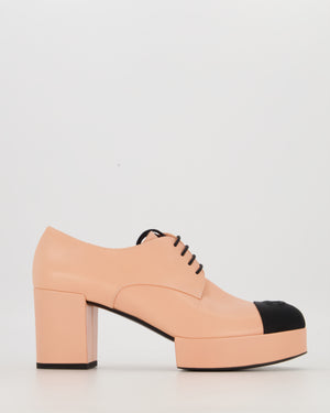 Chanel Pink Lace Up Platform Block Heel Brogues with Black Chanel CC Toe Cap Size EU 39.5