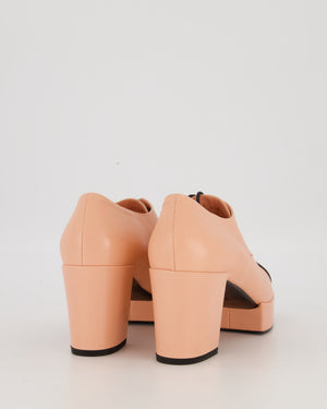 Chanel Pink Lace Up Platform Block Heel Brogues with Black Chanel CC Toe Cap Size EU 39.5