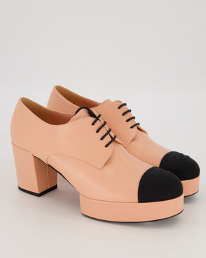 Chanel Pink Lace Up Platform Block Heel Brogues with Black Chanel CC Toe Cap Size EU 39.5
