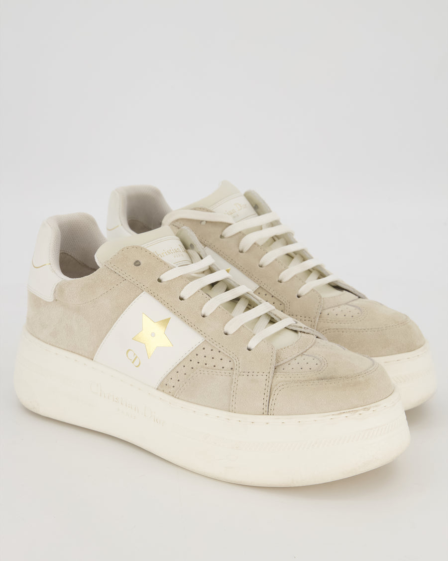 Christian Dior White and Grey Star Platform Trainers in Suede and Calfskin with Gold Star detail Size EU 39 (UK 6)