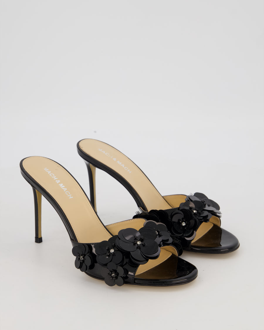 MACH & MACH Black Patent Leather Flower Embellished heels Size EU 37