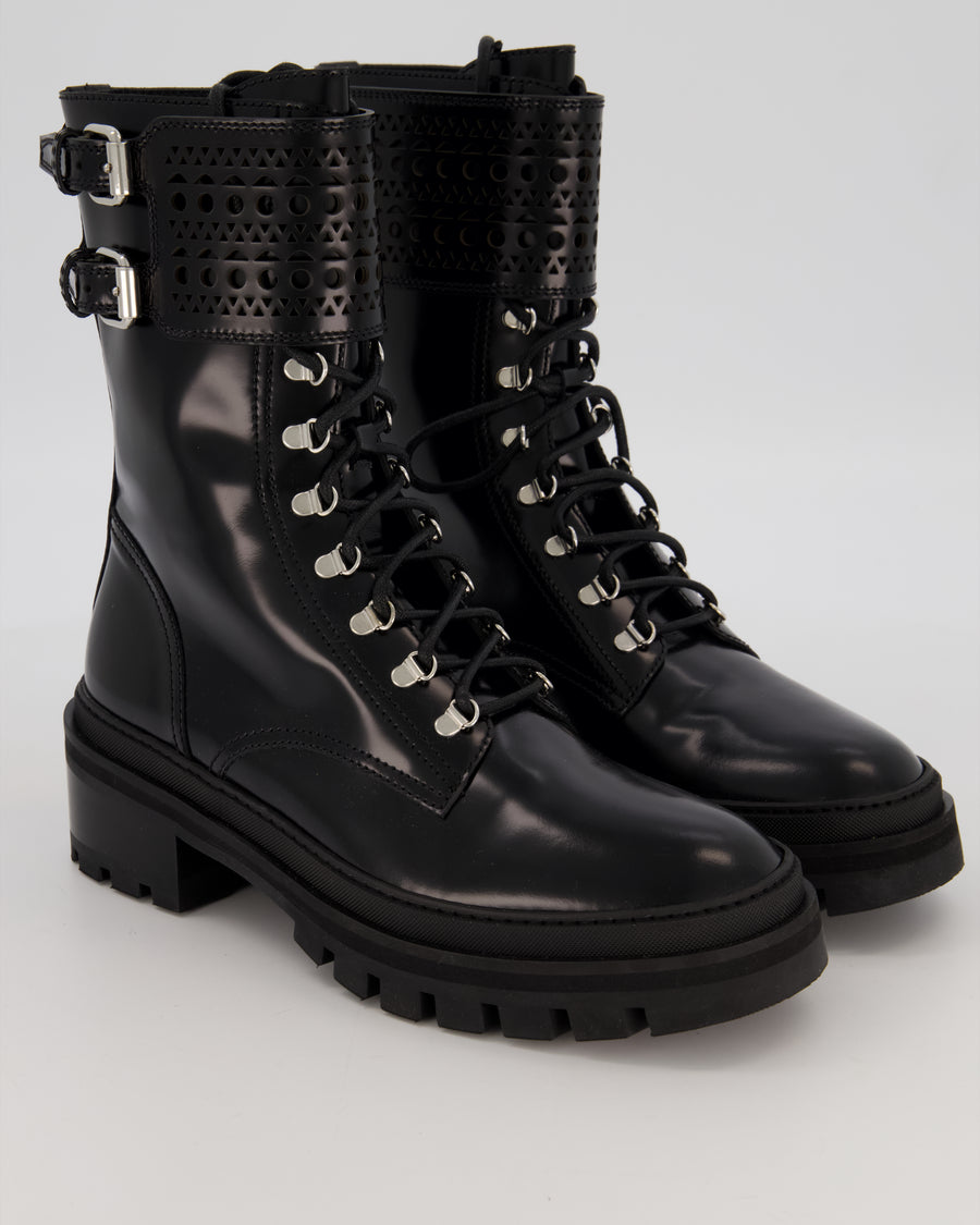 Alaïa Buckle Military Boots in Black Patent Leather Size EU 37.5