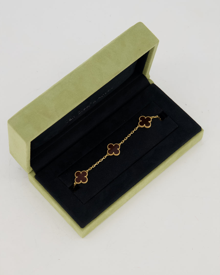 Van Cleef & Arpels Vintage Alhambra 5 Motif Bracelet in 18K Yellow Gold & Burgundy Carnelian