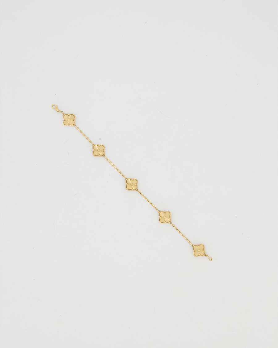 Van Cleef & Arpels Vintage Alhambra 5 Motif Bracelet in 18K Yellow Gold & Gold Guilloche RRP £6,050