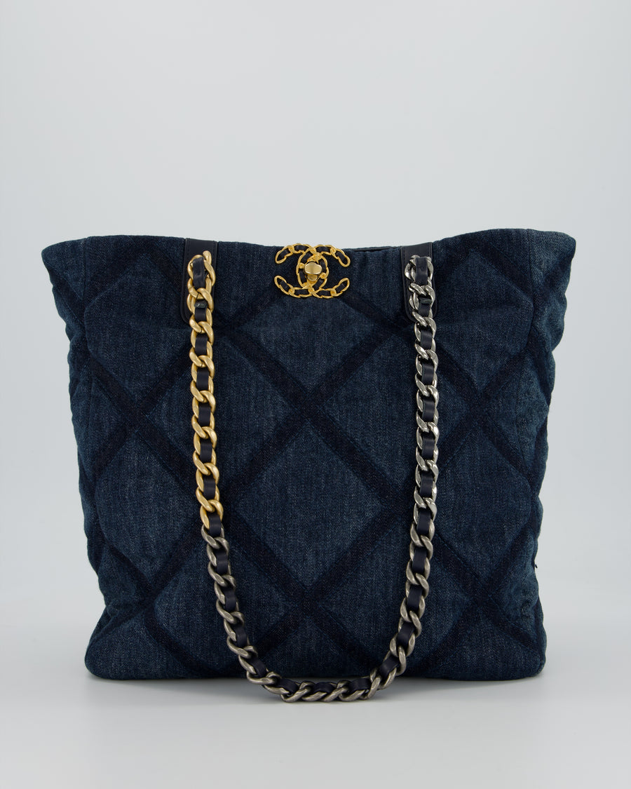 Chanel 19 Blue Denim Shopping Tote Bag with Ruthenium Hardware