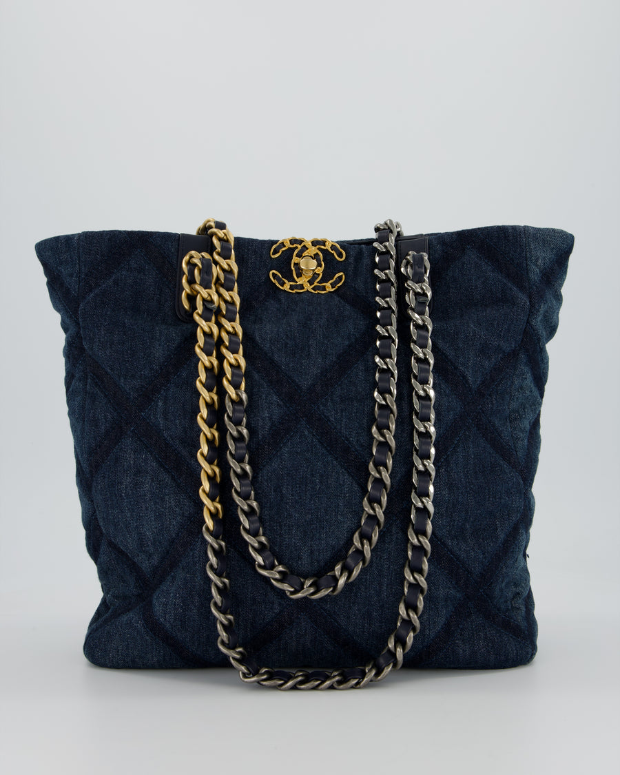 Chanel 19 Blue Denim Shopping Tote Bag with Ruthenium Hardware