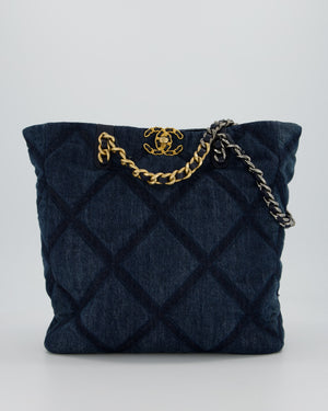 Chanel 19 Blue Denim Shopping Tote Bag with Ruthenium Hardware