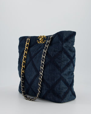 Chanel 19 Blue Denim Shopping Tote Bag with Ruthenium Hardware