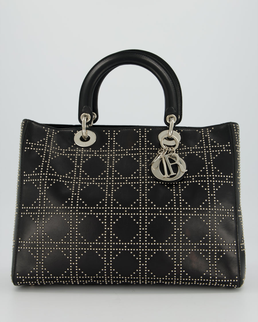 Christian Dior Large Lady Dior Black Studded Bag Lambskin Leather in Silver Hardware