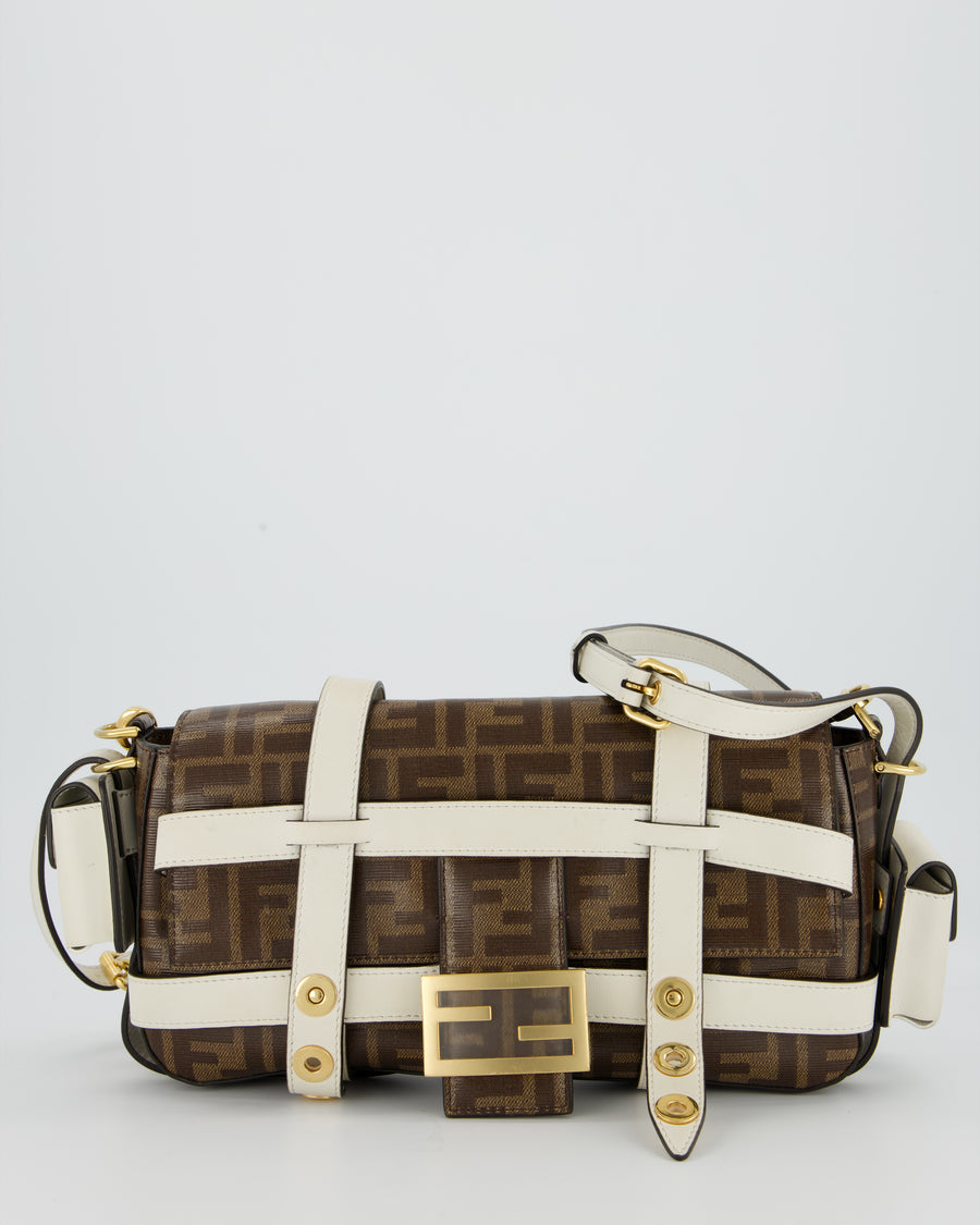 Fendi Zucca Glazed Fabric Baguette Cage bag in Brown and White with Gold Hardware