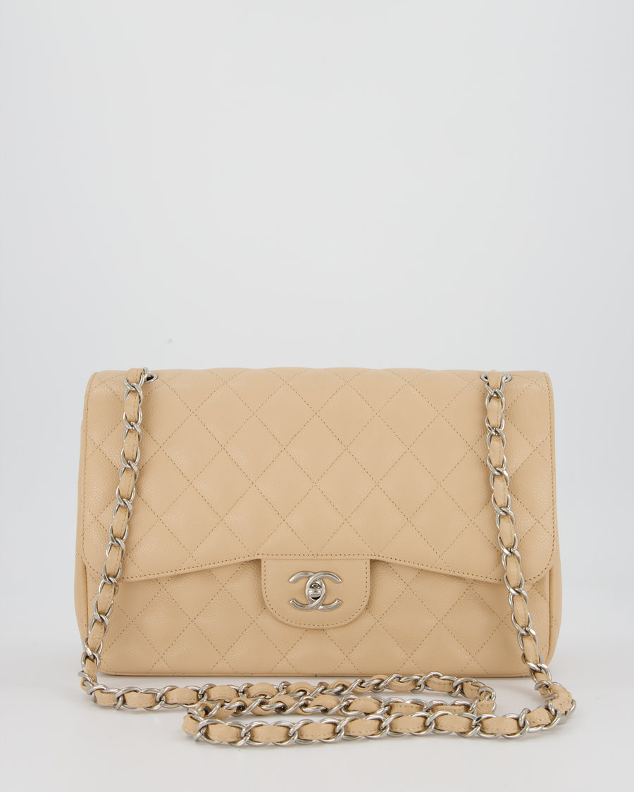 Chanel Beige Jumbo Classic Double Flap Bag in Caviar Leather with Silver Hardware