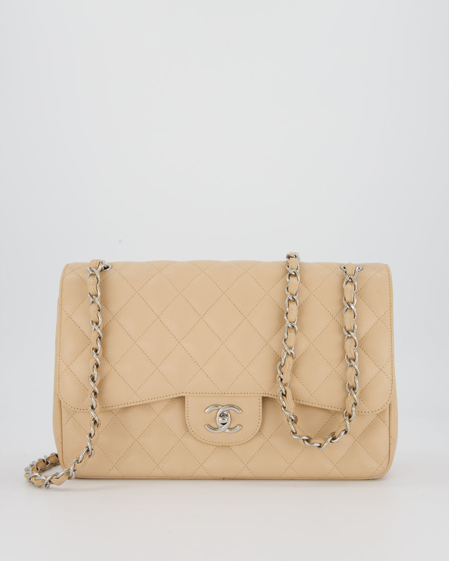 Chanel Beige Jumbo Classic Double Flap Bag in Caviar Leather with Silver Hardware