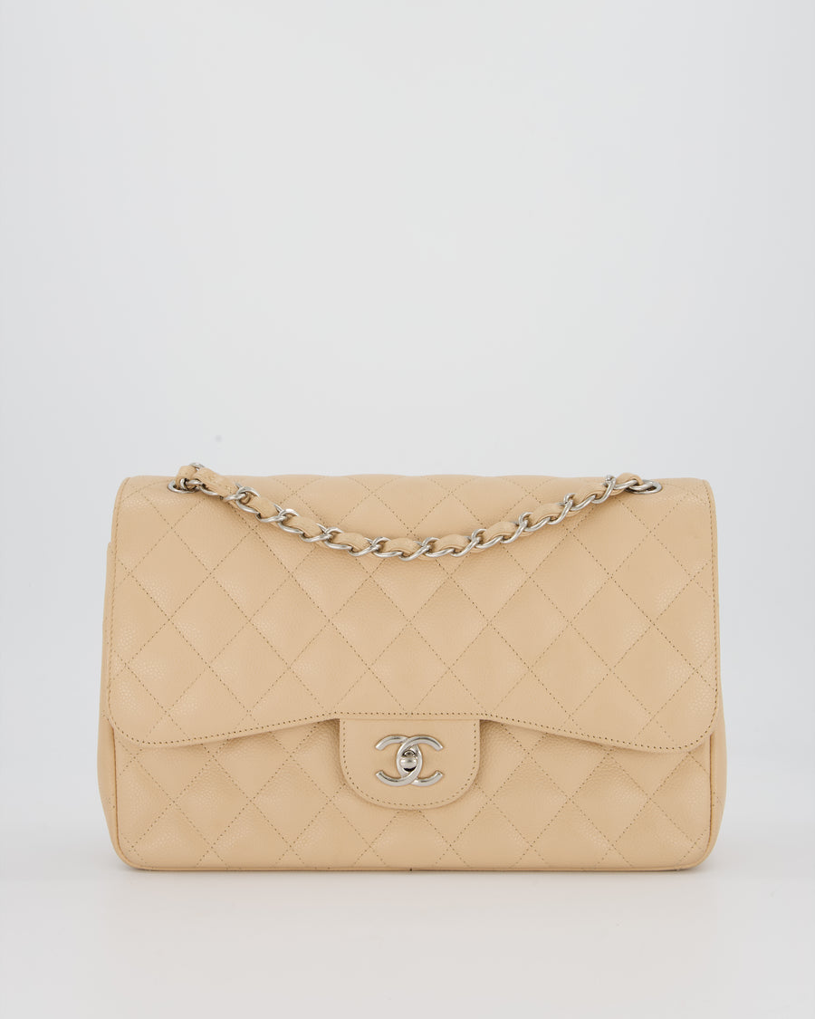 Chanel Beige Jumbo Classic Double Flap Bag in Caviar Leather with Silver Hardware
