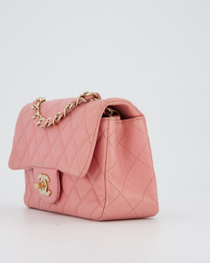 Chanel Pink Mini Rectangular Classic Flap Bag In Lambskin Leather with Champagne Gold Hardware