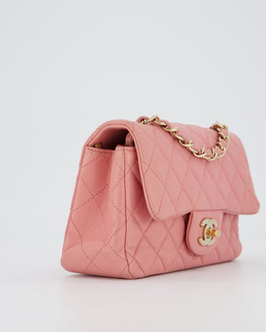 Chanel Pink Mini Rectangular Classic Flap Bag In Lambskin Leather with Champagne Gold Hardware