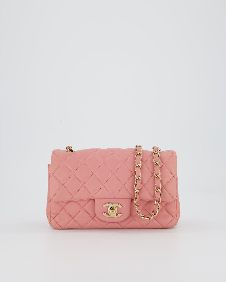 Chanel Pink Mini Rectangular Classic Flap Bag In Lambskin Leather with Champagne Gold Hardware