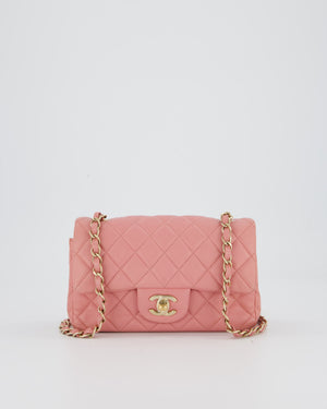 Chanel Pink Mini Rectangular Classic Flap Bag In Lambskin Leather with Champagne Gold Hardware