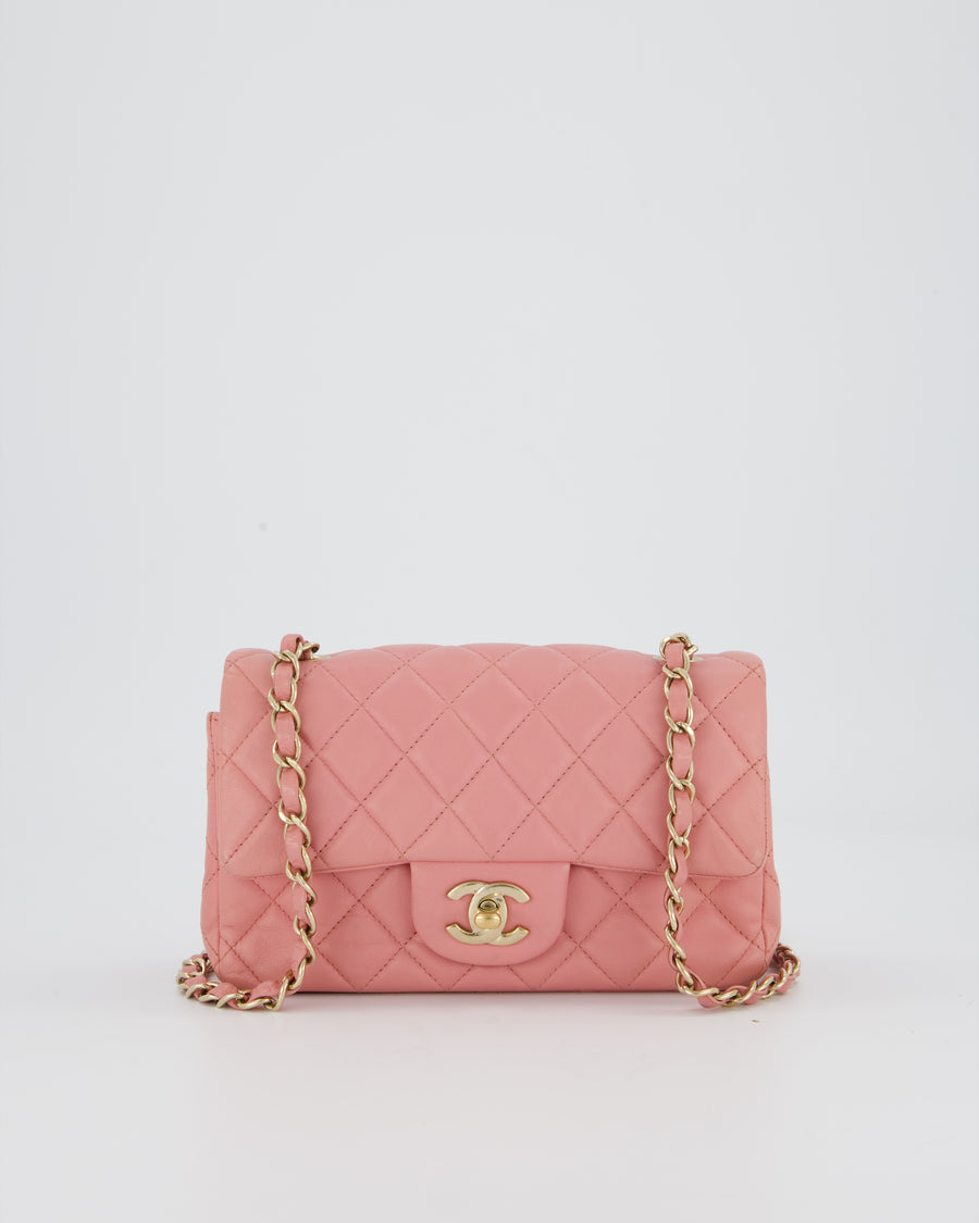 Chanel Pink Mini Rectangular Classic Flap Bag In Lambskin Leather with Champagne Gold Hardware