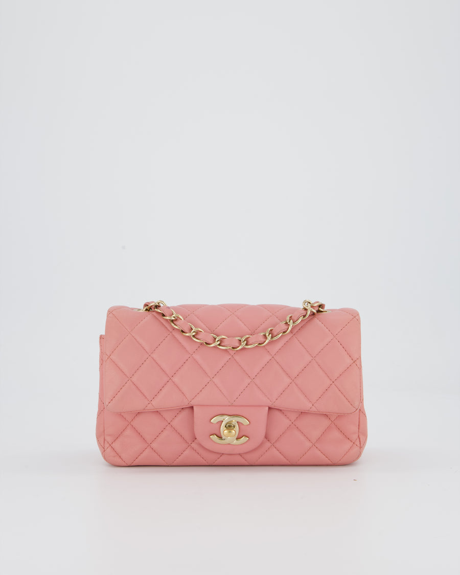 Chanel Pink Mini Rectangular Classic Flap Bag In Lambskin Leather with Champagne Gold Hardware