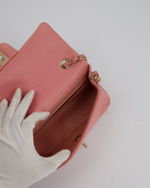 Chanel Pink Mini Rectangular Classic Flap Bag In Lambskin Leather with Champagne Gold Hardware