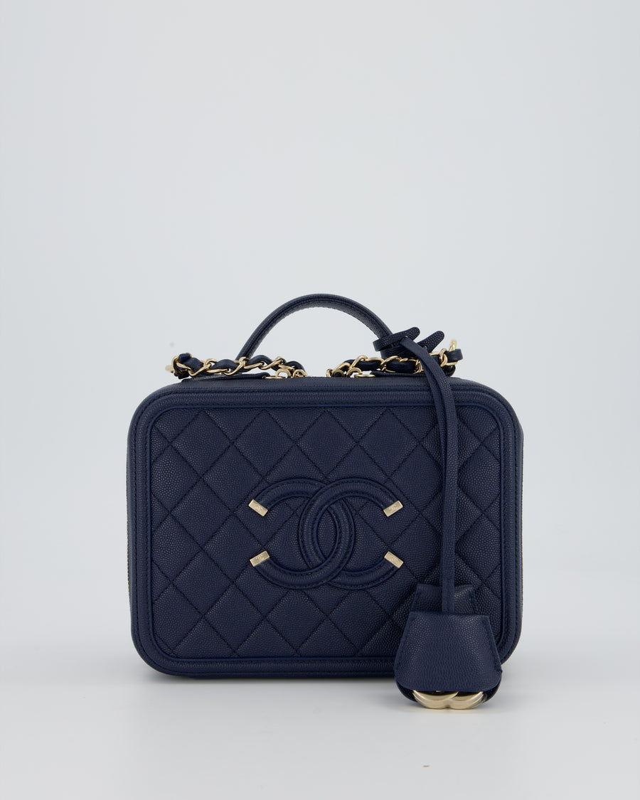 Chanel Navy Caviar Leather Vanity Case Bag with CC Leather Logo Detail