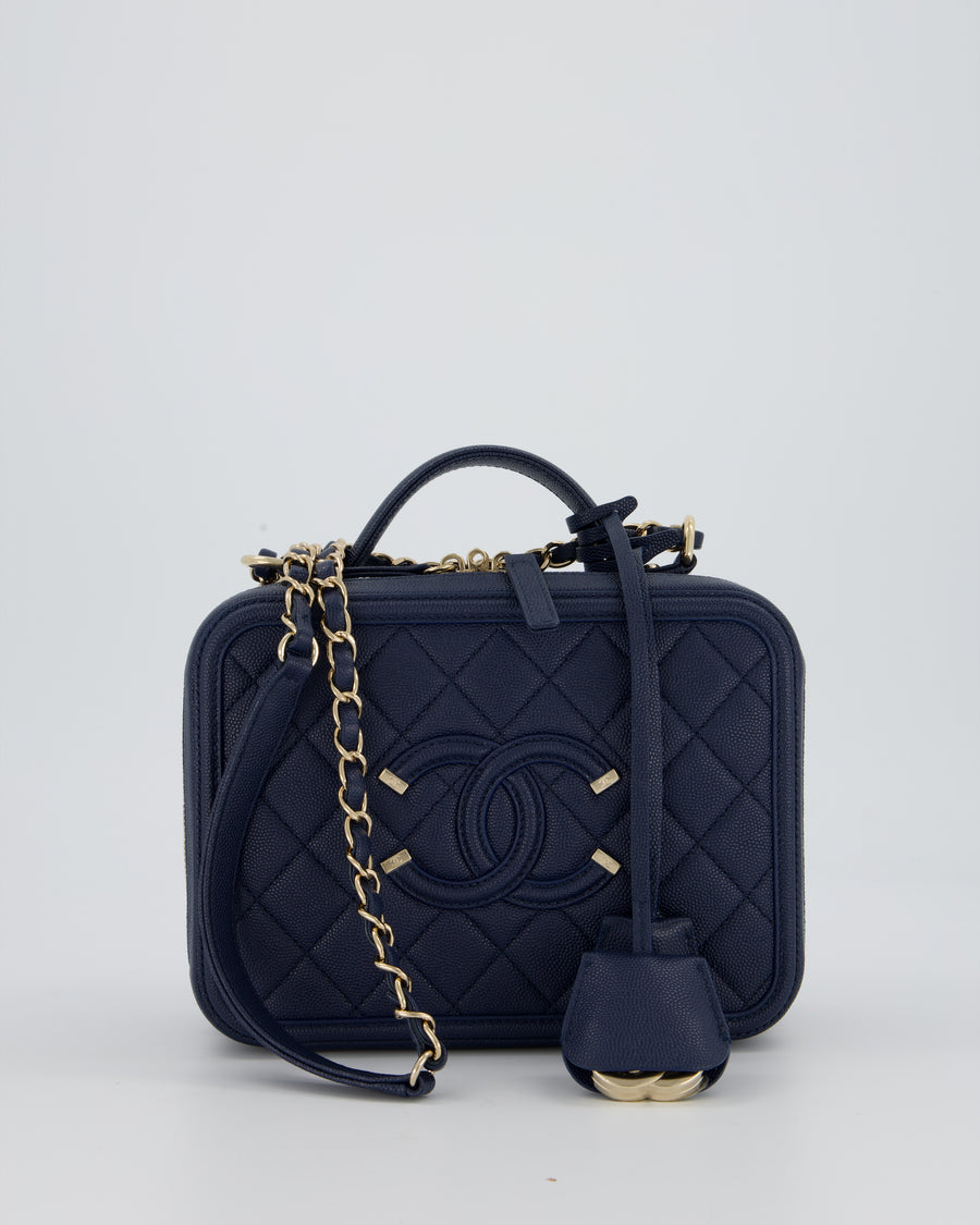 Chanel Navy Caviar Leather Vanity Case Bag with CC Leather Logo Detail