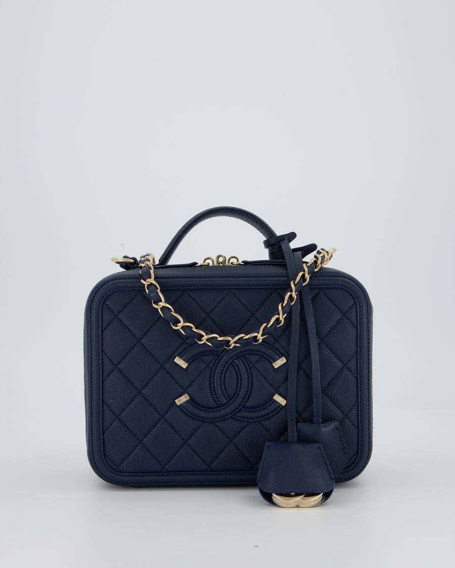 Chanel Navy Caviar Leather Vanity Case Bag with CC Leather Logo Detail