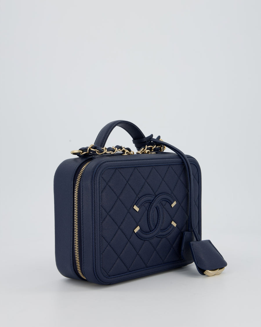 Chanel Navy Caviar Leather Vanity Case Bag with CC Leather Logo Detail