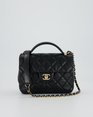 Chanel Black Crumpled Calfskin Top Handle Flap Bag with Champagne Gold Hardware