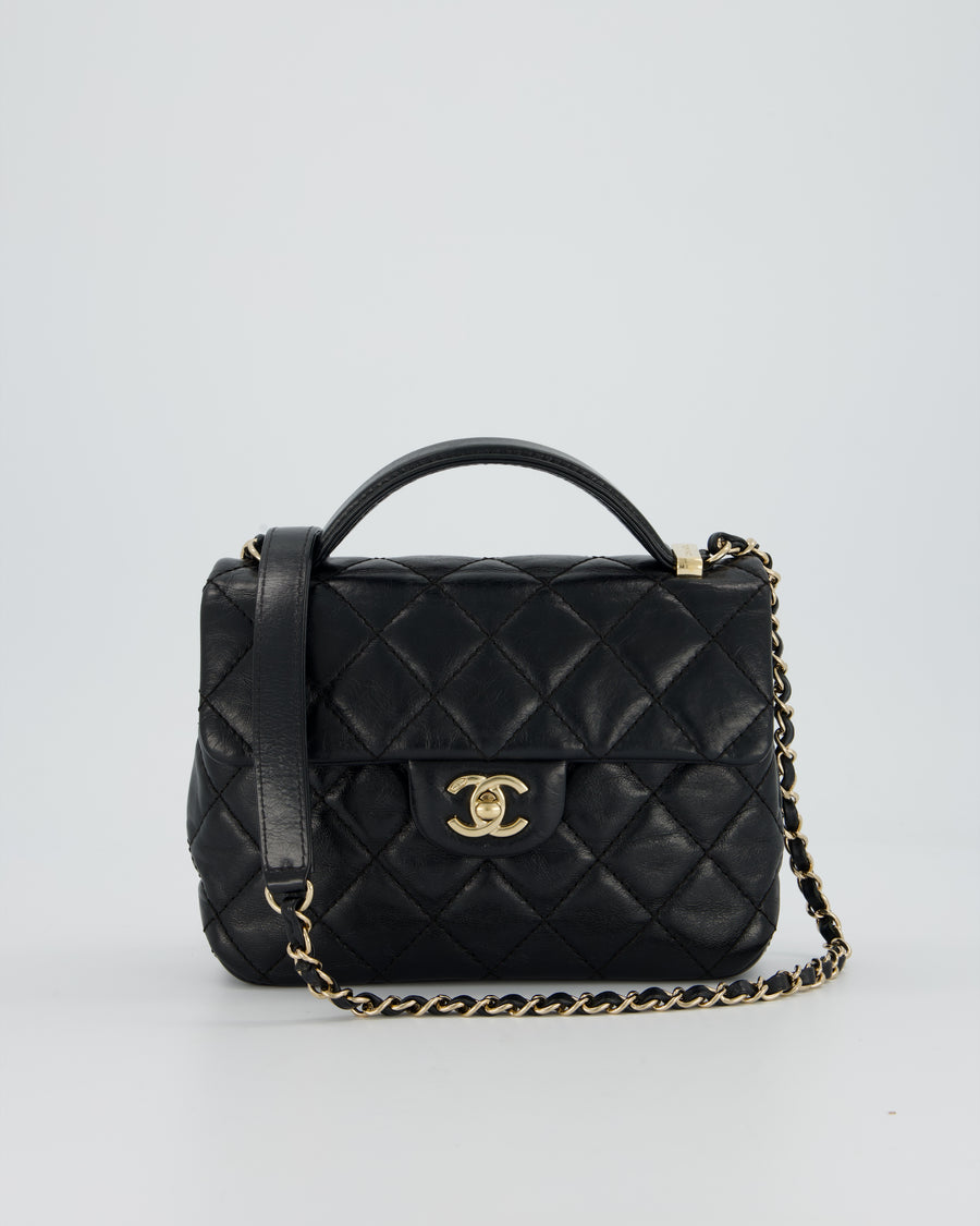 Chanel Black Crumpled Calfskin Top Handle Flap Bag with Champagne Gold Hardware
